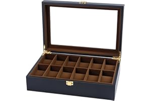 Guolich Caja de Almacenamiento de Reloj 12 Ranuras Caja de Soporte de Exhibición de reloj Organizador de Colección de Pulsera de Joyería de Madera Maciza Negra con Tapa de Vidrio