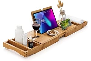 ‎KAMIYA Kamiya Ausziehbare Badewannenablage aus Bambus verstellbares Badewannenbrett Badewannen Ablagen, Wein Halterung Badewanne, Bath Table, Tablet Halterung Badewanne, Bamboo