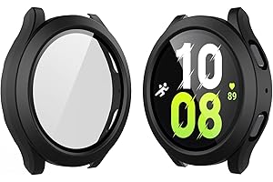 Yolin 2 Pack Hard Protective Case with Tempered Glass Screen Protector Compatible Samsung Galaxy Watch 5/4 44mm, PC Ultra-Thin All-around Cover For Galaxy Watch 4/5 44mm (2 Black)