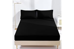 GENERIC AR Ware 25 cm Double Fitted Sheet - Super Soft Wrinkle Free Microfiber Bed Sheets - Non Iron Breathable Plain Dyed Fitted Sheets (Black)