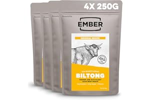 ‎EMBER Ember Snacks - Biltong Beef Jerky (250 g x 4 Orginal) Proteinreich, kalorienarm. Fettarmer, Snack für unterwegs