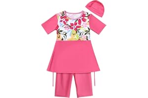 IBTOM CASTLE Muslim Swimwear for Girls Modest Swimsuits Long Sleeve Swim Top+Pants +Hijab Burkini Bathing Suits Kids Girls Swimming Costume Pakistan Dubai Middle East Surfing Outfit Rash Guard Beachwear