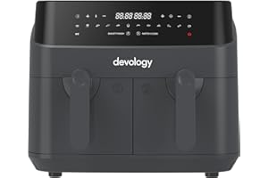 Devology Double Air Fryer, 9L, 2x4.5L Dual Zone, Air Fryer, 50 Recipe Cookbook, 12 Cooking Programs, Digital LED Display, Two Zone Airfryer,Healthy Oil-free Fryer, Non Stick, Dishwasher Safe Appliance