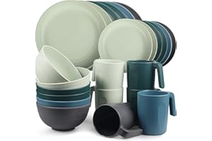 Greentainer Unbreakable Plastic Dinnerware Set, Lightweight Camping Tableware with 6 Dinning Plates, 6 Dessert Plates, 6 Bowls, 6 Cups for Kids & Adults, Service for 6, Microwave&Dishwasher Safe