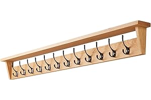 Fox and Grain Solid Oak Coat Rack (12 Hooks) | Wall Mounted Coat Hooks With Shelf for Display/Storage | Wooden Stylish & Versatile Hallway Decor | Heavy Duty Double Hooks | Handcrafted in the UK