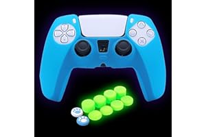 HLRAO Coque de protection en silicone pour manette PS5 Dualshock 5 + 8 capuchons et poignées de déclenchement L2 R2 qui brillent dans le noir.