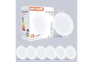 paul russells LED Ceiling Downlights, 4W Slim Recessed Bathroom Downlights, Kitchen Ceilings, 300 Lumens, 6500K Bright Daylight, Cutout 70-80mm, Round Non-Dimmable Panel Spotlights, 6 Packs