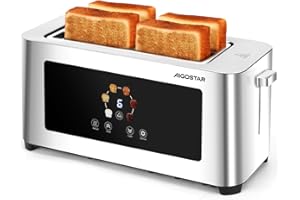 Aigostar 4-Slice Long Slot Toaster Stainless Steel, Extra-Wide Slots, Digital Touch Control, 6 Browning Levels, Defrost Cancel Reheat Functions, 1400W – Perfect for Thick & Thin Bread