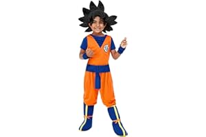Funidelia Disfraz Oficial de Goku con peluca - Dragon Ball para niño, Incluye pantalón, camiseta, muñequeras, cinturón, cubrebotas y peluca. Traje para fiestas, Carnaval y Halloween, Talla 7-9 años