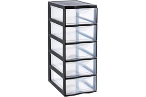 SUNDIS Orgamix, tour de rangement en plastique noir, 5 tiroirs transparents format papier A4, hauteur 61 cm, idéale rangement bureau, cours, documents, fournitures, accessoires
