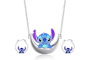ATOWORLD Stitch Necklace for Girls Women and Earrings Hoop Stud Set Christmas Gifts Stud Earrings Ladies Kids Necklaces Cartoon Anime Earrings Blue Cute Necklaces for Teenage Girls Friendship Necklace