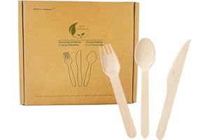 BOFA ECO TABLEWARE Jednorazowe drewniane sztućce 150 sztuk - 50 noży, 50 widelców, 50 łyżek, 16 cm / 6 cali Drewniane sztućce na przyjęcia Wesela Pikniki