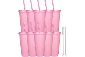 Yisituo 10 Stück Trinkbecher mit Deckel und Strohhalm, 710ml Wiederverwendbare Plastikbecher mit für Smoothies, Kaffee, Party und Reise (10, Pink)