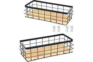 ZBOZZBA Cesta de alambre, cesta de metal para almacenamiento, cesta decorativa de pared, base de madera extraíble, para baño, cocina, despensa, aperitivos de frutas, color negro (2 unidades)