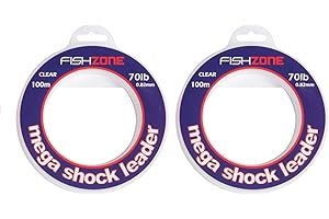 FISHZONE - 2 x MEGA SHOCK LEADER 100m Spools Marine Grade Transparent Sea Fishing Line - 30lb 50lb 60lb 70lb - High Abrasion & Low Stretch - For Shock Leader & Rig Body