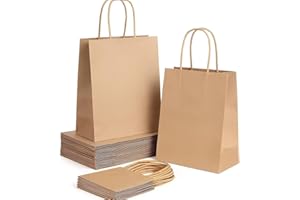TRAINEANDO Pack de 50 Bolsas de papel kraft grandes con asas 32 x 40 x 12 cm bolsas para regalos. Bolsas para comercios, para ir a la compra de papel biodegradable, reutilizables ideales para regalar. (MARRONES)