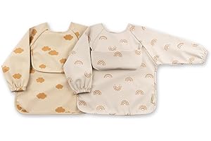 ÜneeQbaby - Baberos impermeables para bebés y niños pequeños, paquete de 2, manga larga Oeko-TEX para alimentar y jugar