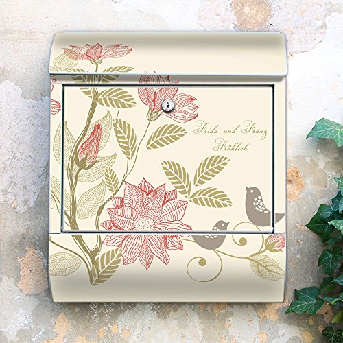 Design Briefkasten mit Zeitungsfach, Designer Motivbriefkasten mit Zeitungsrolle kaufen, für A4 Post, groß, bunt, Briefkastenschloss 2 Schlüssel, von banjado Motiv personalisiert Beschriftung Hausnummer Name Motiv Vogelhochzeit - 6