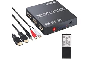 PROZOR Convertisseur HDMI 4K HDMI Commutateur 3x1 Extracteur Audio analogique Optique Toslink SPDIF 3.5 mm Sortie Support 4k 3D 1080p avec télécommande IR Cable HDMI Cable de Charge USB
