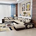 Silvester U Shape 9 Seater Modern Interchangeable Fabric Sofa Set with 4 Puffy (Right, Cream & Dark Brown)