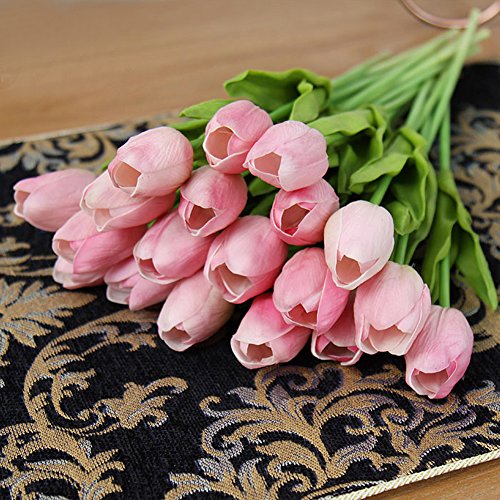 10 Stück JUYUAN-EU Tulpe künstliche Blumen mit Blätter Dekoriere Kunstblumen Latex Real Touch Bridal Wedding Bouquet Home Decor Hell Rosa - 5