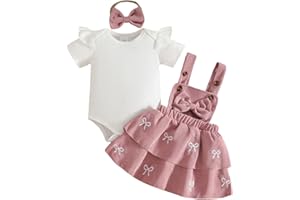 JENJON Baby Mädchen Sommer Röcke Sets Kleid Säugling Kurzarm Geripptem Oberteil mit Schleife/Plaid Cord Hosenträgerrock Set 3-teiliges Outfits
