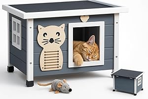 zooprinz Premium Holz Katzenhaus – Katzenkiste mit Dach zum Öffnen, Fenster und Schwingtür – Sisalband an der Katzenbox – Wetterfest für Garten/Balkon – Innen- und Draußen Hütte (Grau-Weiß, Standard)