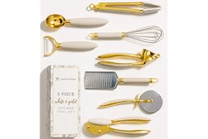 STYLED SETTINGS White & Gold Cooking Utensils Set - Luxe 8-Piece Kitchen Gadget Set Includes Can Opener, Tongs and Garlic Press - Stylish White and Gold Kitchen Accessories for Modern Kitchens, Ideal for Gifting