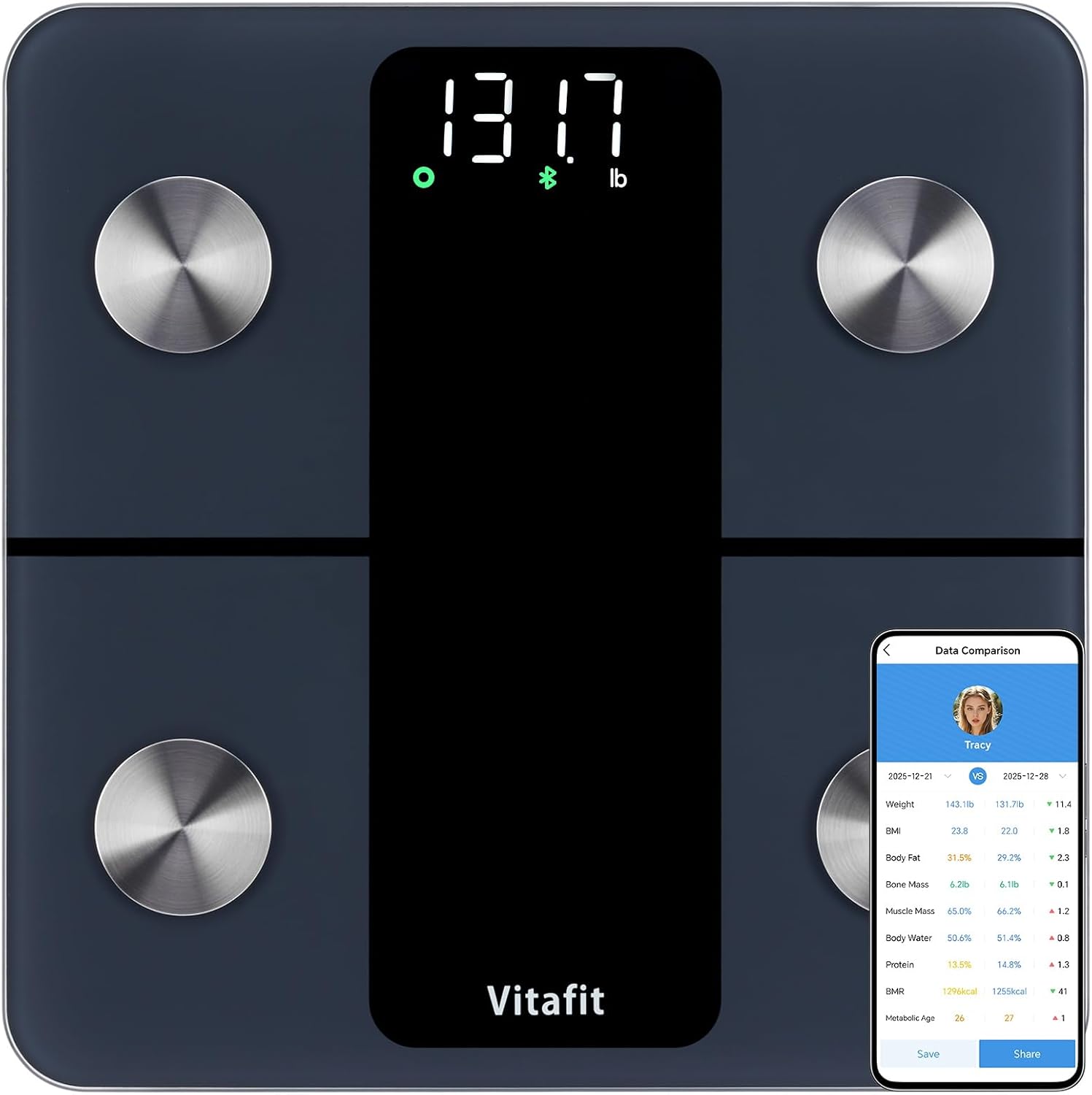 Vitafit Balance Pese Personne Haute Précision 0,05kg, 182kg, LED, Noir | Professionnelle Usine Depuis 2001 Balance Impedancemetre Connectée App avec 13 Données Corporelles BMI/Graisse Corporelle/BMR