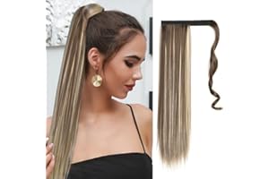 HIOQFR Extension Coda Capelli Coda Finta Capelli Liscia 55 cm Posticci per Capelli Finti Lunga estensione Coda di Cavallo Extension Ponytail Code Finte per Capelli Sintetica -Marrone chiaro Bianco