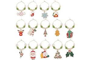 SUNNYCLUE 1 boîte de 14 Breloques en Verre à Vin de Noël en Émail Identificateurs de Verre en Alliage Métallique D'Identification du Père Noël d'hiver Marqueurs de Boissons Étiquettes pour Rasse