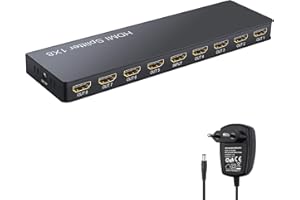LiNKFOR Splitter HDMI 1 Entrada 8 Salidas - Duplicador y Distribuidor 4K 30Hz Compatible con UHD 1080p 3D HDCP 1.2 - Adaptador de Corriente 5V 1A para Portátil PS3 Roku BLU-Ray HDTV