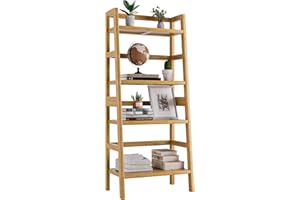 HITNET Ladder Shelf, 4-Tier Bookshelf, Bamboo Leaning Bookcase, Display Storage Rack Organizer, Freestanding Flower Plant Stand for Living Room, Home Office, Kitchen, Natural