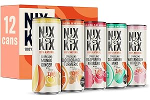 NIX AND KIX Nix & Kix | 12 Can Mixed Pack | Natural Flavoured Sparkling Water Drinks | Mango Ginger, Blood Orange Turmeric, Cucumber Mint, Raspberry Rhubarb, Watermelon Hibiscus | 12 x 250ml
