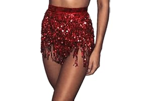 Bufenia Damen Bauchtanz Hüftrock Quaste Pailletten Hüftschal Riemchen Wrap Rave Röcke Halloween Kostüm Club Festival