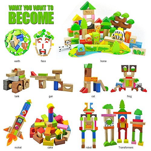 TOP BRIGHT Wooden Building Blocks Set - 100 Blocks Forest Adventure 13 Scene Puzzles Game