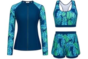 JASAMBAC 3-Piece Rash Guard Swimsuits for Women UPF 50+ Bikini Top & High Waist Boyshorts Zipper Modest Swimwear Ladies Swimming Costumes Bathing Suit Soft Surf Suit