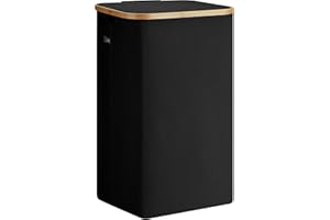 Bellzacasa Wäschekorb mit Deckel, 100 Liter hoher Wäschebox mit Bambus Henkel und Innentasche, faltbarer groß XXL Waschekorbsammler, Laundry Baskets für Schlafzimmer Badezimmer, Schwarz