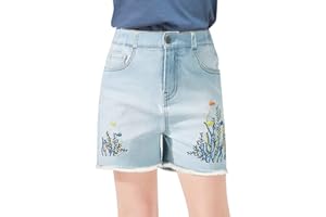 maoo garden Mädchen Denim Shorts Stickerei ausgefranst rohen Saum Knopf vorne Jeans Shorts
