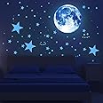 Glow Stars and Full Moon Wall Stickers for Ceiling, Luminous Stars and Moon Wall Decal Planets Space Wall Stickers Starry Sky Shining Decoration Perfect for Kids Bedroom Soothe Sleep Living Room
