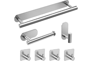 AIKER Toalleros de Baño Sin Taladro, 7PCS, portarrollos Papel higienico Suite,Acero Inoxidable 304 Engrosado Toalleros con 5 Ganchos Accesorios Baño