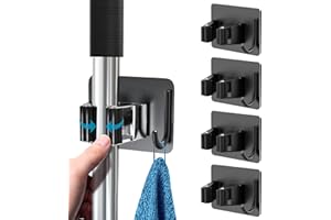SOFTCUTELEE 4Pack Stainless Steel Mop Broom Holder with Hooks Hanger Heavy Duty Wall Mounted Organizer Broom Grippers Self Adhesive Mop Holder Suitable for Kitchen, Bathroom, Balcony, Garden - (Black)