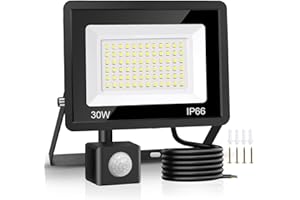 Jsdoin Projecteur LED ExtéRieur 50w, Lampes de SéCurité D'ExtéRieur Avec dé Tecteur de Mouvement, 4500 Lumens, 6500 K, Lampe de SéCurité Pir, Ip66, Lampe de Jour éTanche Avec CâBle d e 2 M Pour (30W)