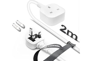 FOXNSK Single Plug Extension Lead 2m, 1 Gang Single Socket Extension Lead Surge Protected, 13amp 250V 3kw UK 3 Pin Fused Mains for Tumble Dryer, Rubber, Tough and Fireproof, White