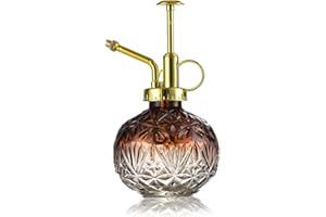 KoGiio Pflanzen Glas Sprühflasche, 240ml Retro Relief Pflanzensprüher mit Pumpe, Blumen Zerstäuber Drucksprüher für Balkon Kleiner Gartenpflanzen Indoor Haus Oder Büro Kaffeefarbe + Goldener Sprühkopf