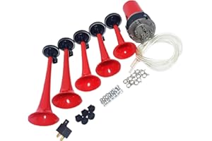 YIYIDA Klaxon à air trompette Klaxon de voiture 12V Air Horn Trompette musicale 165db Corne d'alarme Cinq tubes Dixie rouge étanche avec pompe à air haut-parleur Car Horn pour 12V bateau camion etc