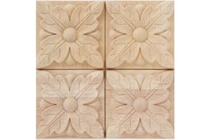 Wifehelper 4 Unids Talla A Cuadros Apliques Sin Pintar Calcomanía para Muebles Decoración Apliques de Madera Natural Cuadrado Flor Talla Calcomanías Arte de Madera Decorativo 6x6cm (1#)