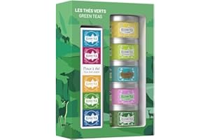 ‎KUSMI TEA Kusmi Tea - The Green Teas + szczypce do herbaty - Asortyment herbat organicznych - Pomysł na prezent dla mężczyzn i kobiet - Zielona herbata z miętą, jaśminem, cytryną, imbirem - 5 puszek po 25 g