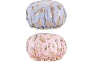 Belegao 2pcs Bath Caps with Elastic Band - Double Layers Shower Cap Waterproof Oilproof Ruffled Covering Ears 27cm Wide Cute Printed for Adults and Kids