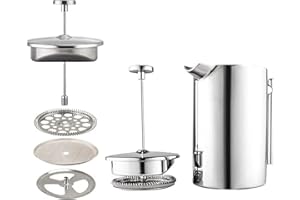 Has & Fas French Press Stainless Steel 304, Cafetiere 3-4 Cups or 5 Small Cups, Mini Coffee Maker 800ml/28oz, Hot chocolate Moka Tea pots, Cold Brew Maker, Portable Travel Cafeteria (Classic, Silver)